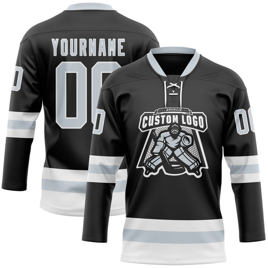 Custom Black Silver-White Hockey Lace Neck Jersey - Sky-Custom
