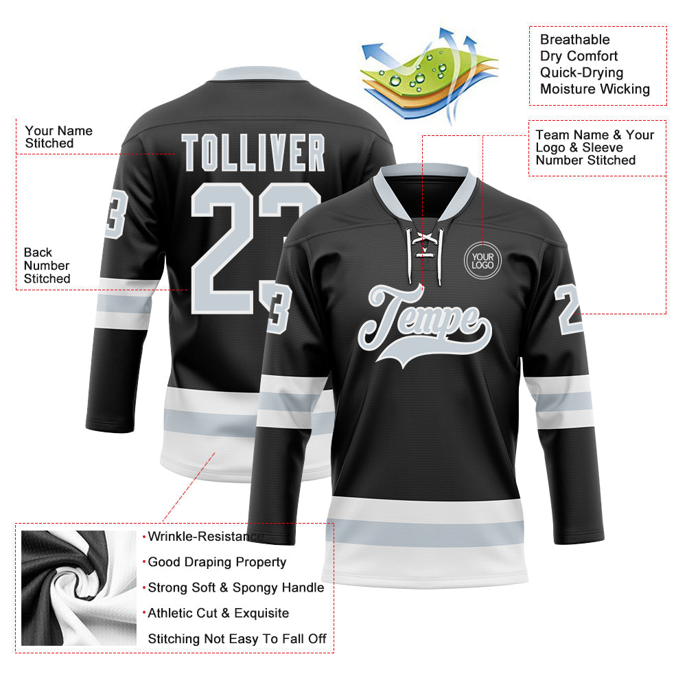 Custom Black Silver-White Hockey Lace Neck Jersey - Sky-Custom