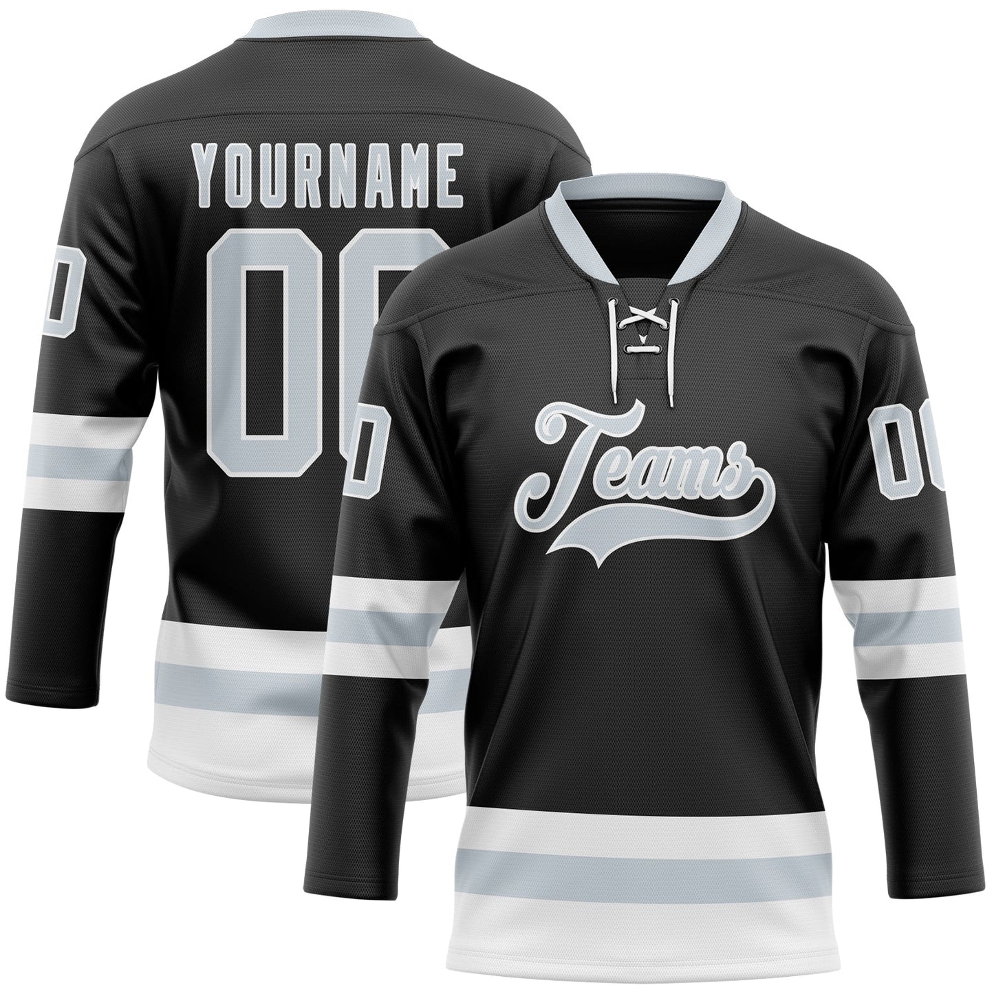 Custom Black Silver-White Hockey Lace Neck Jersey - Sky-Custom