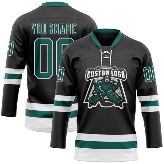 Custom Black Midnight Green-White Hockey Lace Neck Jersey - Sky-Custom