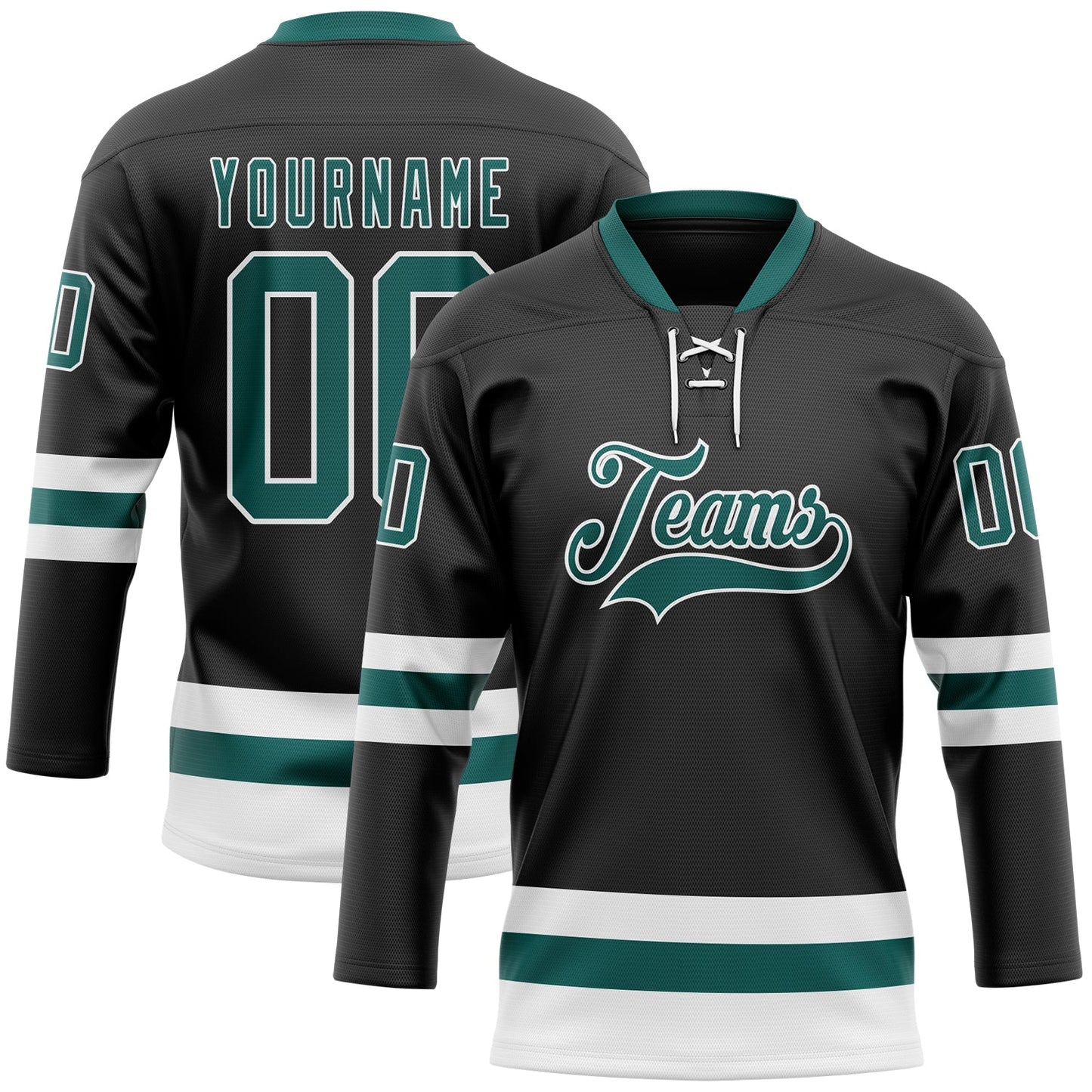 Custom Black Midnight Green-White Hockey Lace Neck Jersey - Sky-Custom