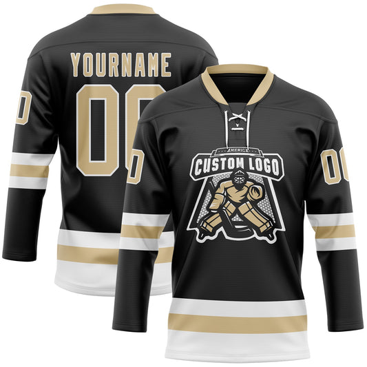 Custom Black Vegas Gold-White Hockey Lace Neck Jersey - Sky-Custom