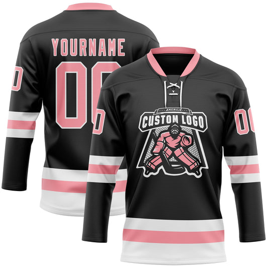 Custom Black Medium Pink-White Hockey Lace Neck Jersey - Sky-Custom