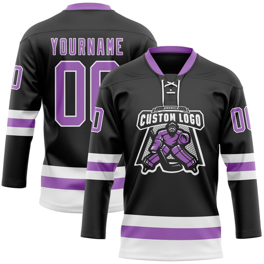 Custom Black Medium Purple-White Hockey Lace Neck Jersey - Sky-Custom