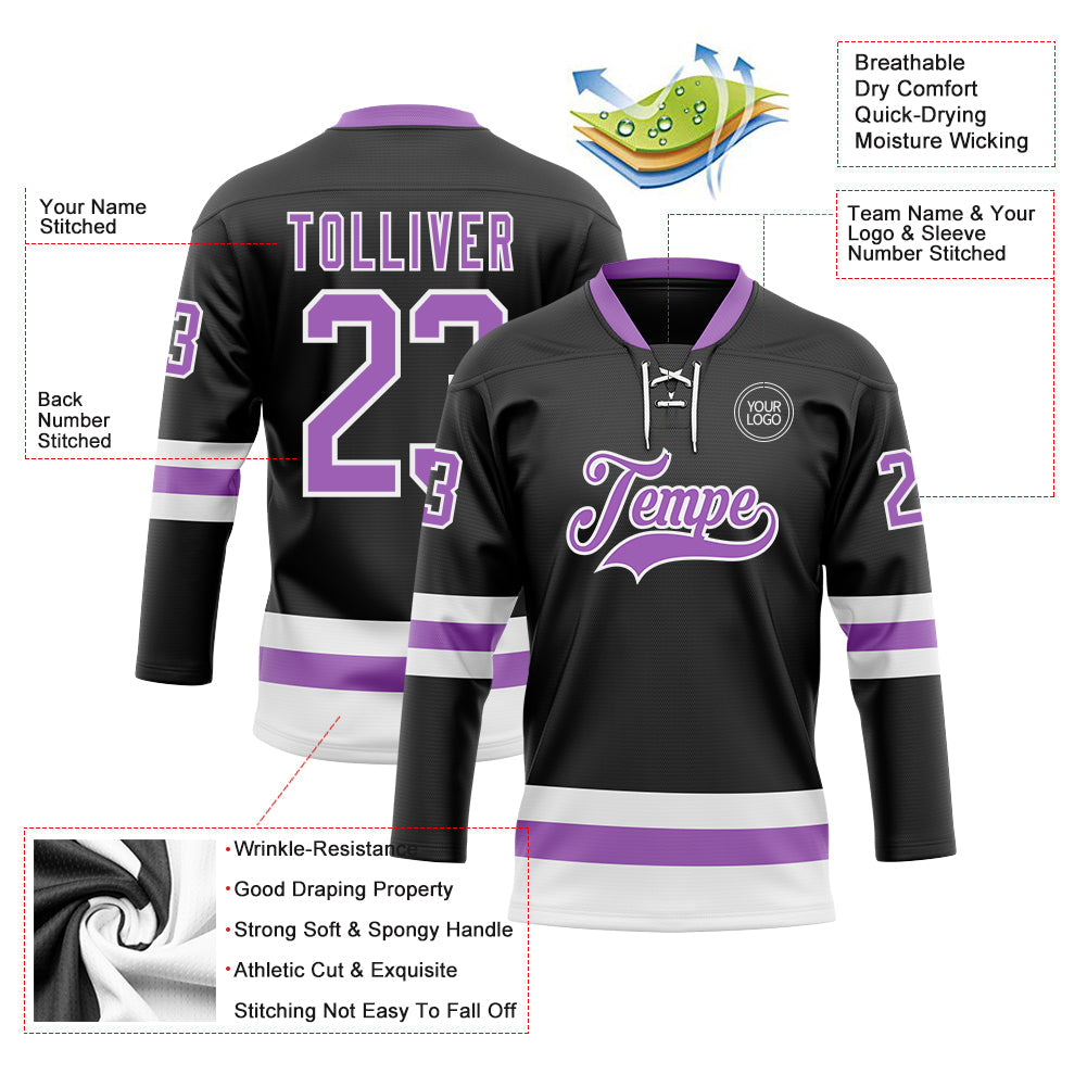 Custom Black Medium Purple-White Hockey Lace Neck Jersey - Sky-Custom