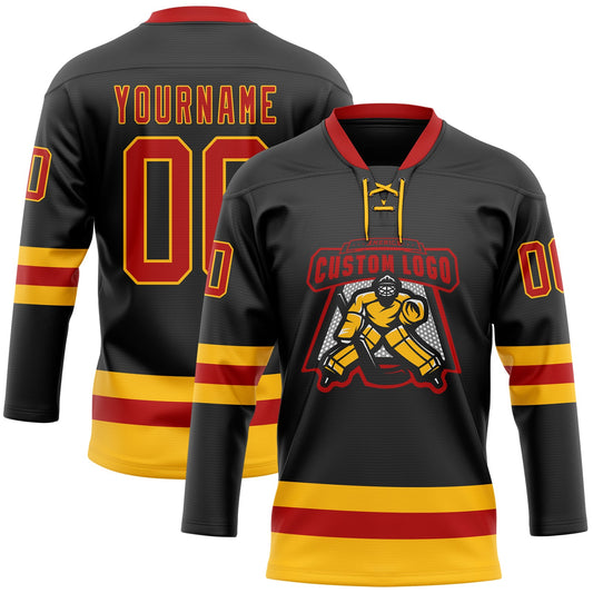 Custom Black Red-Gold Hockey Lace Neck Jersey - Sky-Custom