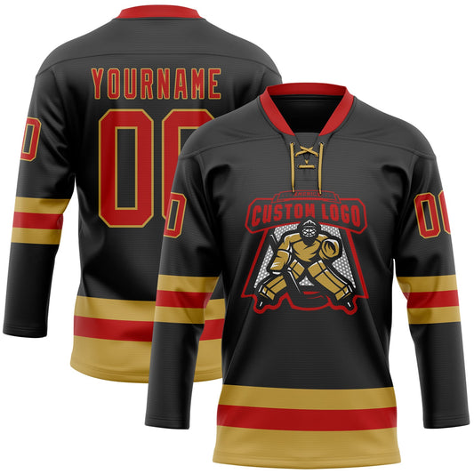 Custom Black Red-Old Gold Hockey Lace Neck Jersey - Sky-Custom