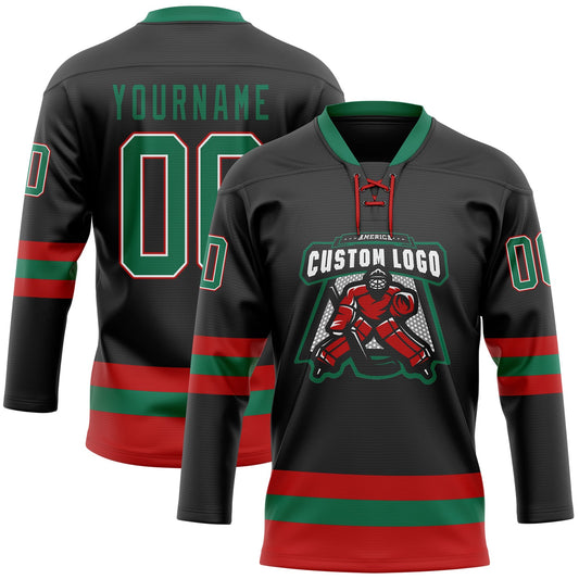 Custom Black Kelly Green-Red Hockey Lace Neck Jersey - Sky-Custom