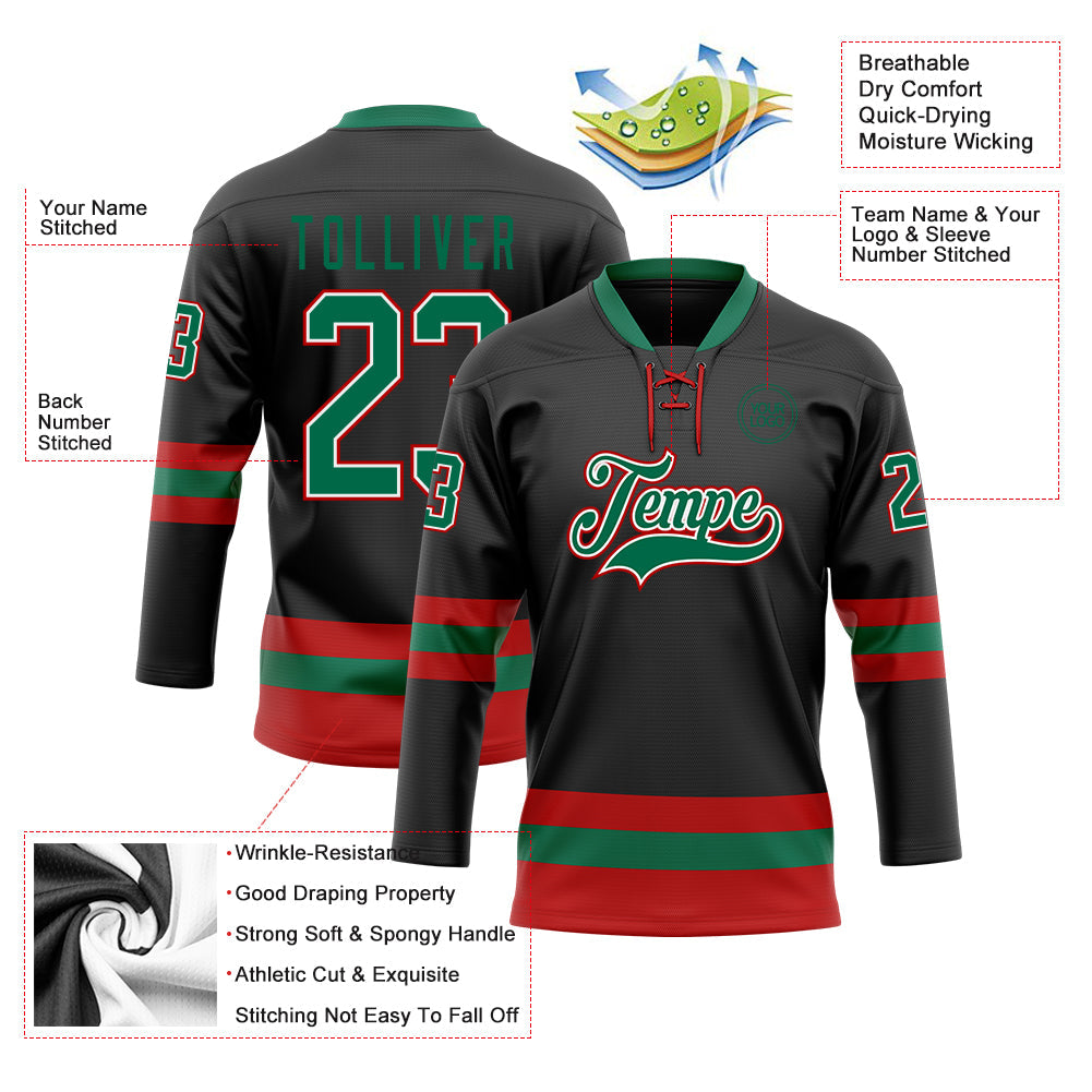 Custom Black Kelly Green-Red Hockey Lace Neck Jersey - Sky-Custom