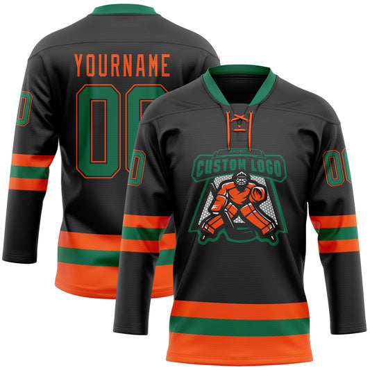 Custom Black Kelly Green-Orange Hockey Lace Neck Jersey - Sky-Custom