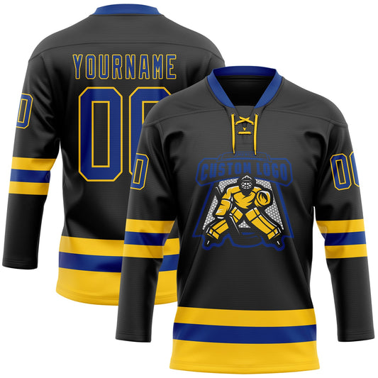 Custom Black Royal-Yellow Hockey Lace Neck Jersey - Sky-Custom