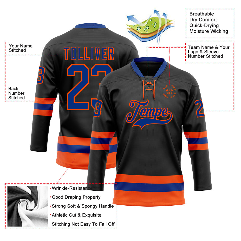Custom Black Royal-Orange Hockey Lace Neck Jersey - Sky-Custom
