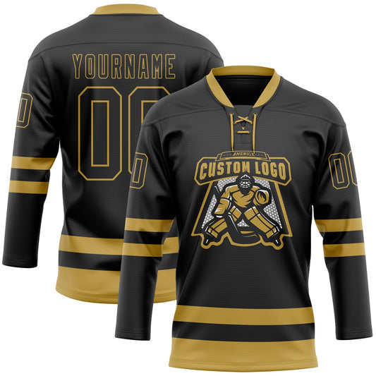 Custom Black Old Gold Hockey Lace Neck Jersey - Sky-Custom