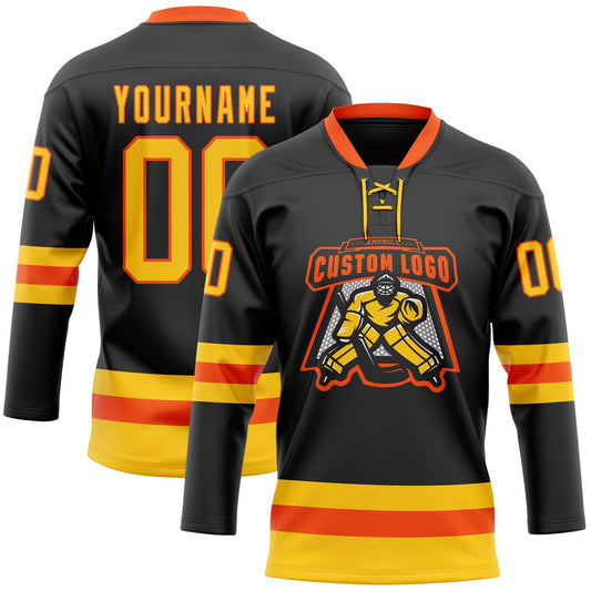 Custom Black Yellow-Orange Hockey Lace Neck Jersey - Sky-Custom