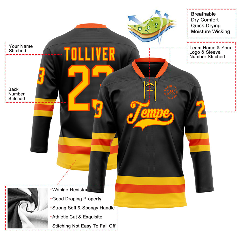 Custom Black Yellow-Orange Hockey Lace Neck Jersey - Sky-Custom