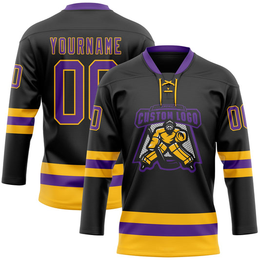 Custom Black Purple-Gold Hockey Lace Neck Jersey - Sky-Custom