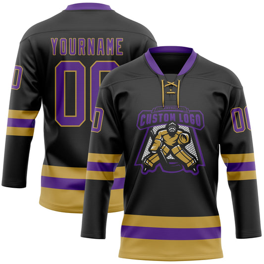 Custom Black Purple-Old Gold Hockey Lace Neck Jersey - Sky-Custom