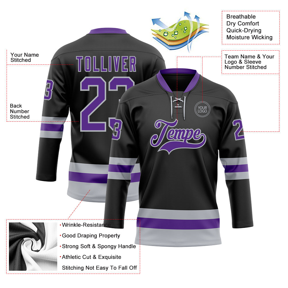 Custom Black Purple-Gray Hockey Lace Neck Jersey - Sky-Custom
