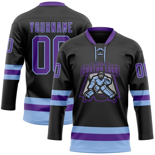 Custom Black Purple-Light Blue Hockey Lace Neck Jersey - Sky-Custom
