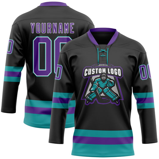 Custom Black Purple-Teal Hockey Lace Neck Jersey - Sky-Custom