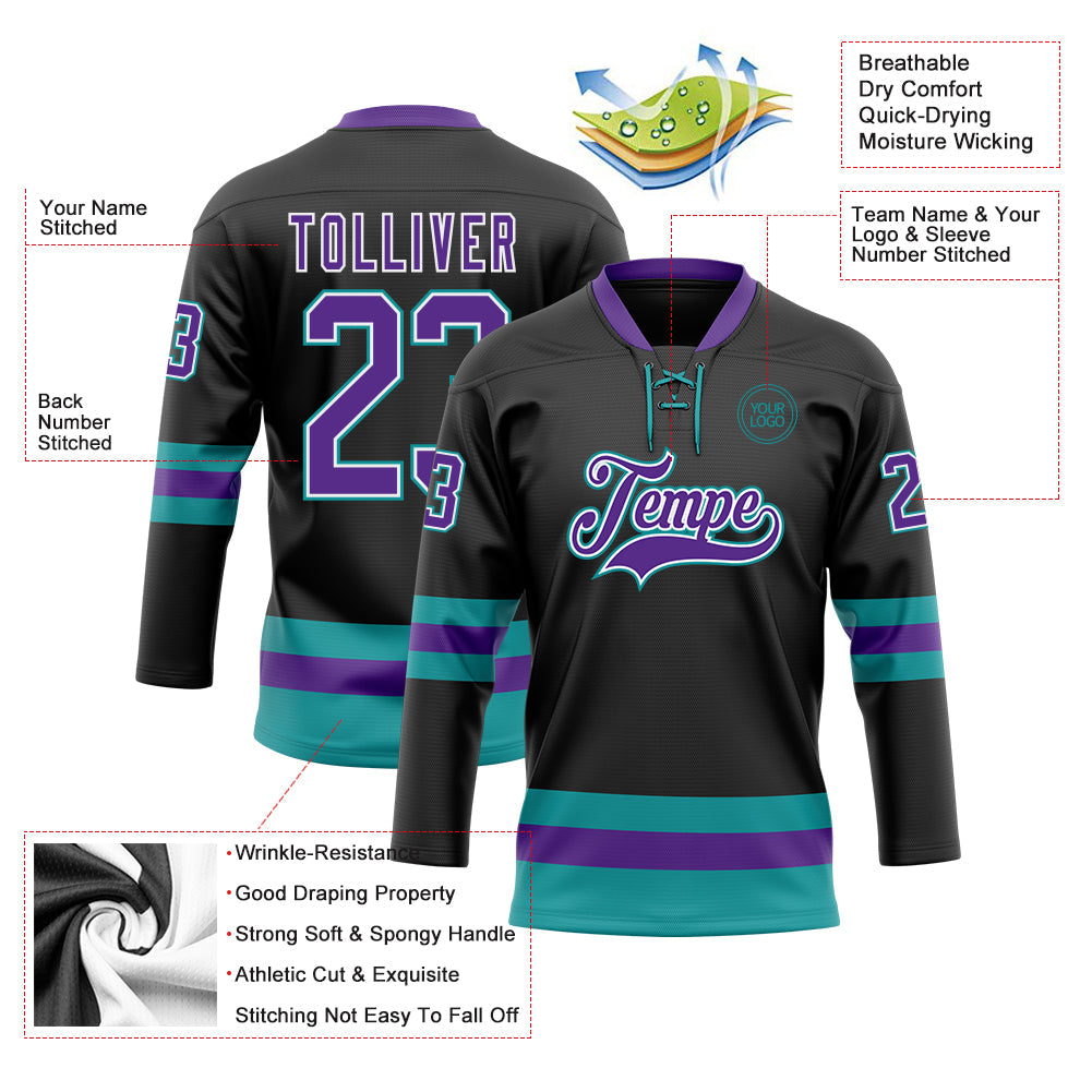 Custom Black Purple-Teal Hockey Lace Neck Jersey - Sky-Custom