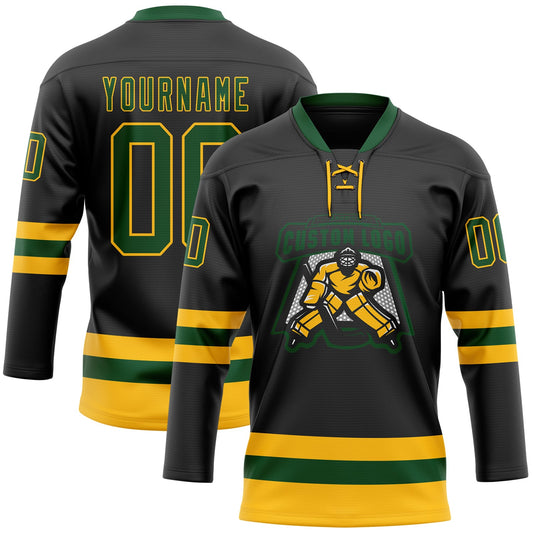 Custom Black Green-Gold Hockey Lace Neck Jersey - Sky-Custom