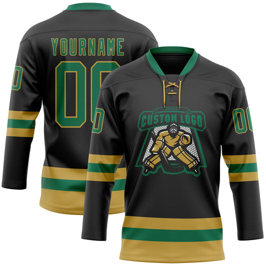 Custom Black Kelly Green-Old Gold Hockey Lace Neck Jersey - Sky-Custom