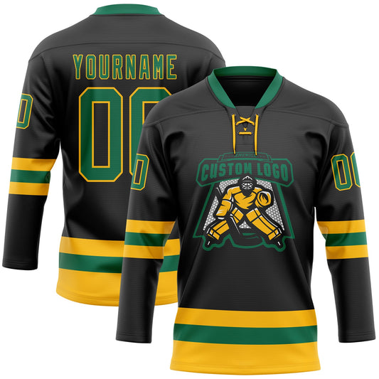Custom Black Kelly Green-Gold Hockey Lace Neck Jersey - Sky-Custom