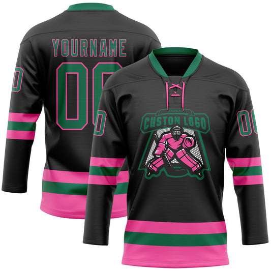 Custom Black Kelly Green-Pink Hockey Lace Neck Jersey - Sky-Custom