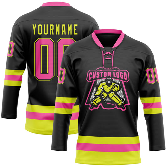 Custom Black Pink-Neon Yellow Hockey Lace Neck Jersey - Sky-Custom