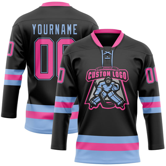 Custom Black Pink-Light Blue Hockey Lace Neck Jersey - Sky-Custom