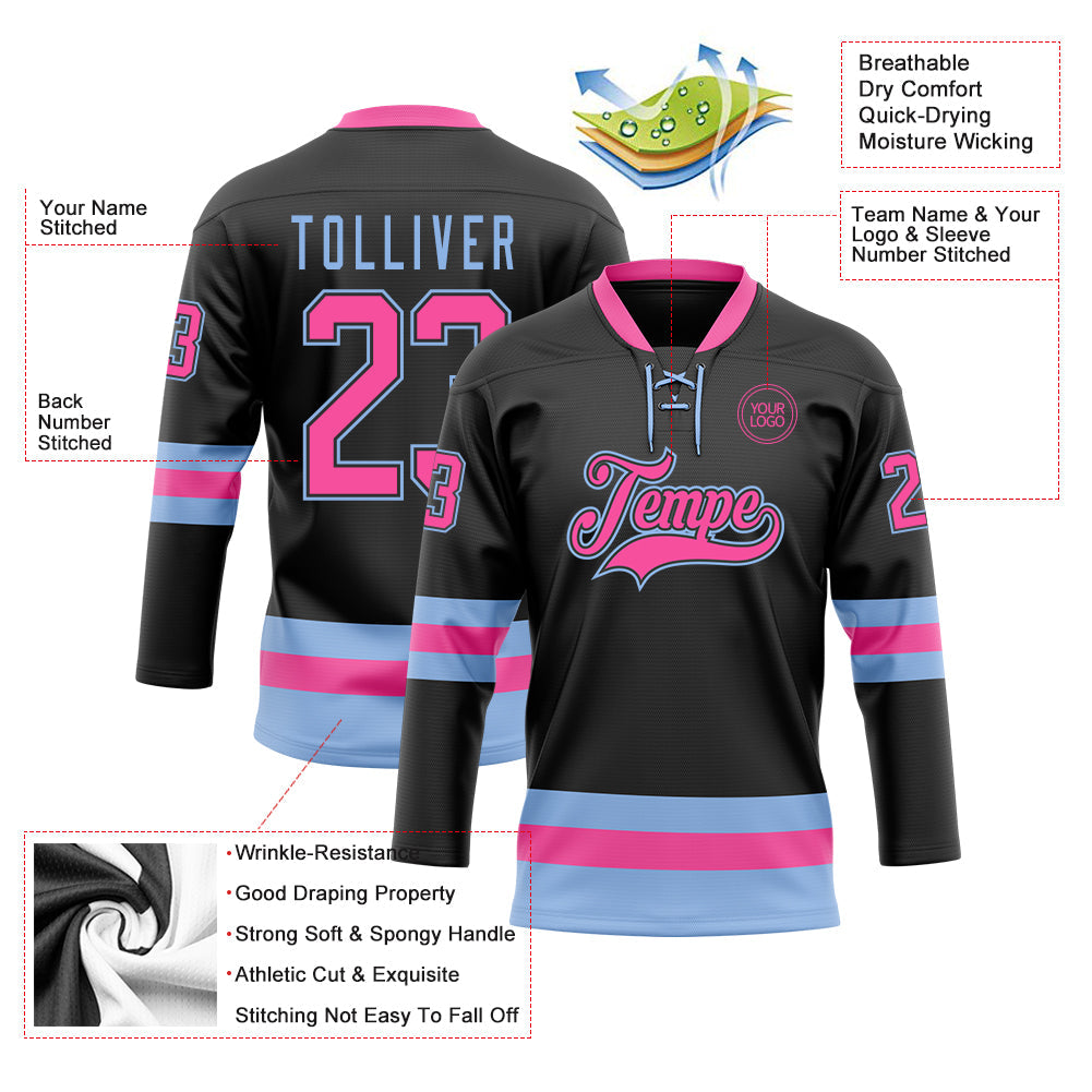 Custom Black Pink-Light Blue Hockey Lace Neck Jersey - Sky-Custom