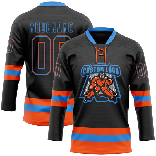 Custom Black Powder Blue-Orange Hockey Lace Neck Jersey - Sky-Custom