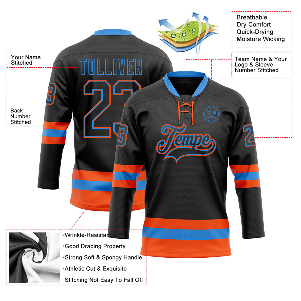 Custom Black Powder Blue-Orange Hockey Lace Neck Jersey - Sky-Custom