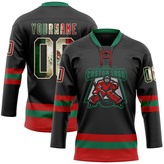 Custom Black Vintage Mexican Flag Cream Red-Kelly Green Hockey Lace Neck Jersey - Sky-Custom