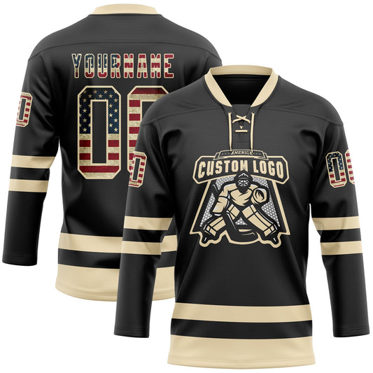 Custom Black Vintage USA Flag-Cream Hockey Lace Neck Jersey - Sky-Custom