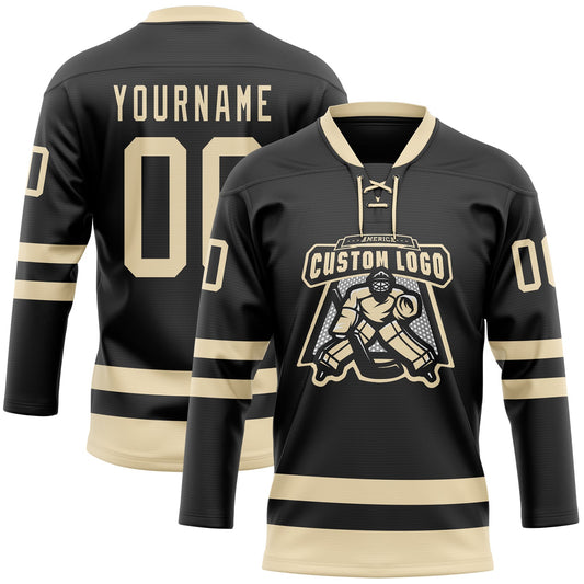 Custom Black Cream Hockey Lace Neck Jersey - Sky-Custom
