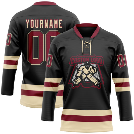 Custom Black Crimson-Cream Hockey Lace Neck Jersey - Sky-Custom