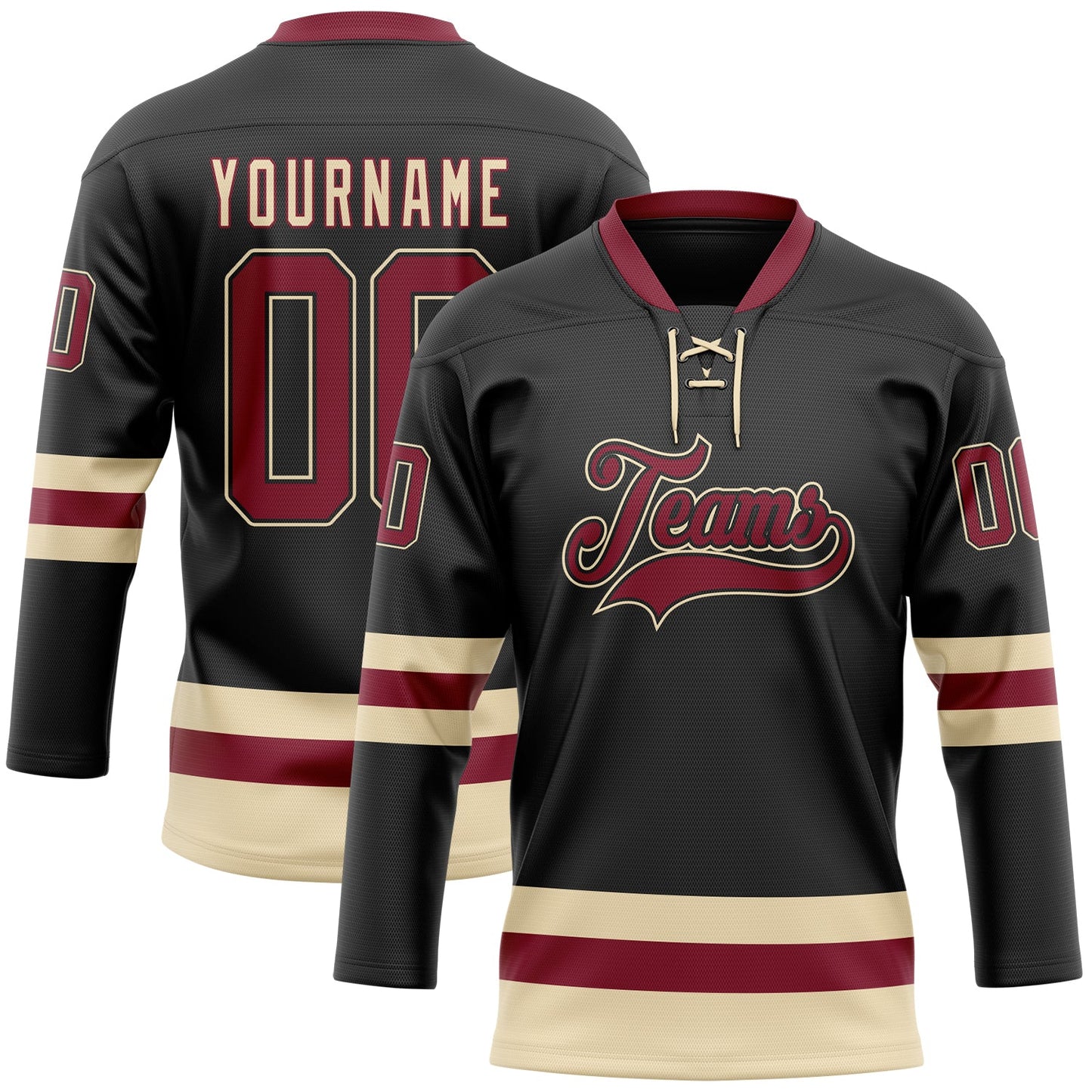 Custom Black Crimson-Cream Hockey Lace Neck Jersey - Sky-Custom