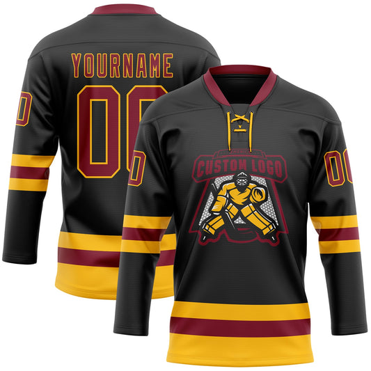 Custom Black Crimson-Gold Hockey Lace Neck Jersey - Sky-Custom