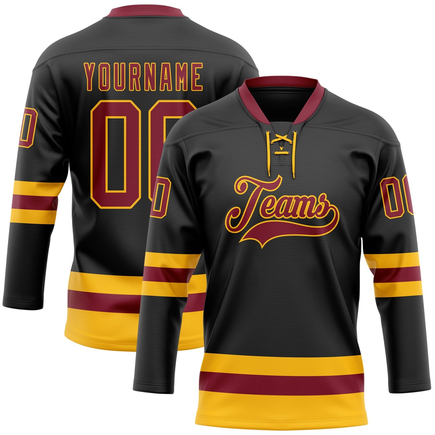 Custom Black Crimson-Gold Hockey Lace Neck Jersey - Sky-Custom