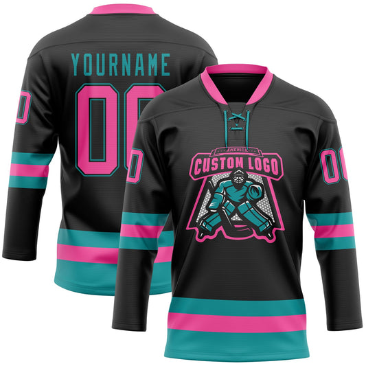 Custom Black Pink-Teal Hockey Lace Neck Jersey - Sky-Custom