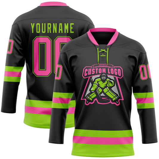 Custom Black Pink-Neon Green Hockey Lace Neck Jersey - Sky-Custom