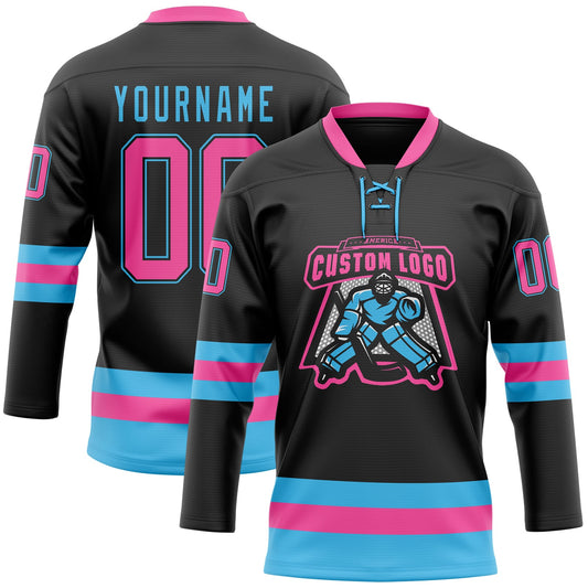 Custom Black Pink-Sky Blue Hockey Lace Neck Jersey - Sky-Custom