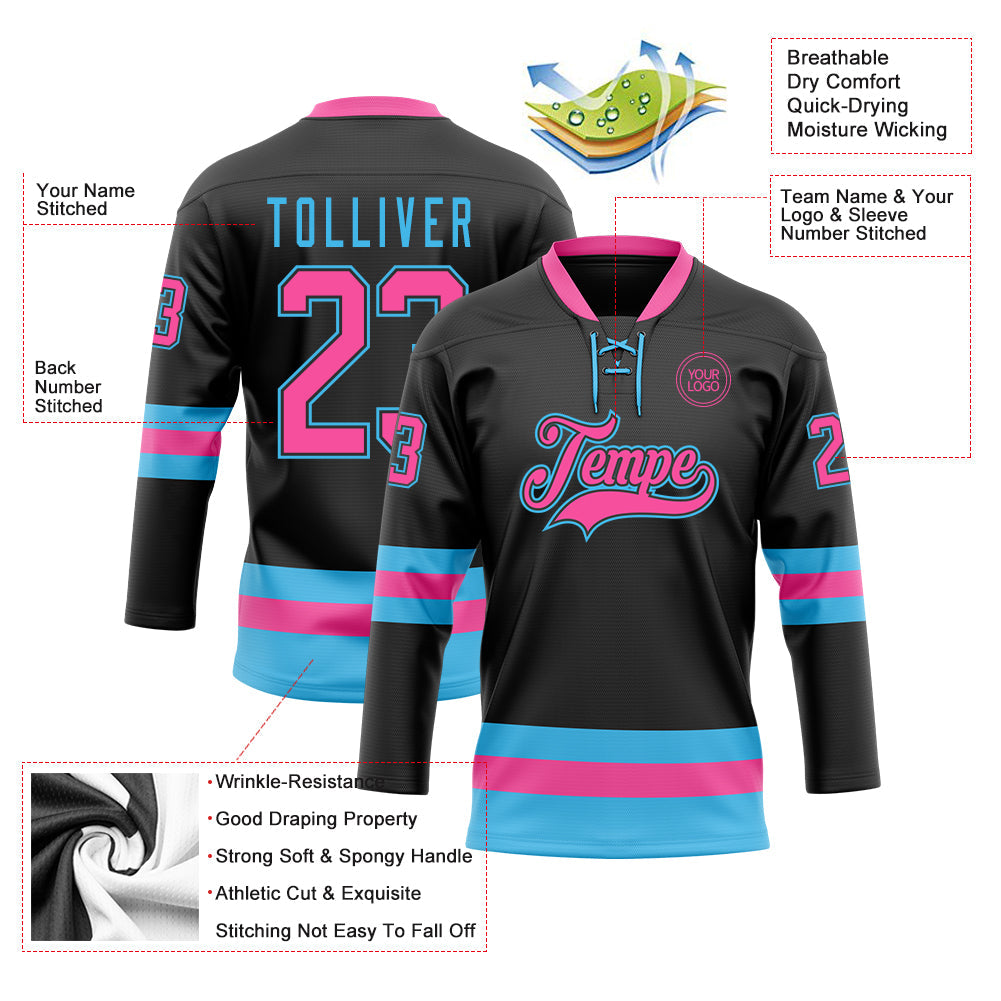 Custom Black Pink-Sky Blue Hockey Lace Neck Jersey - Sky-Custom