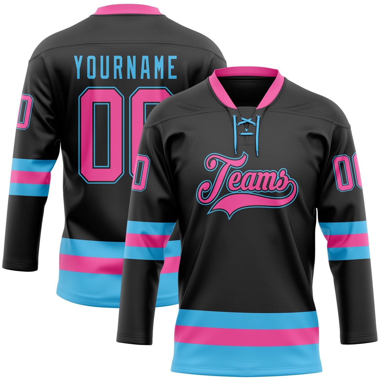 Custom Black Pink-Sky Blue Hockey Lace Neck Jersey - Sky-Custom