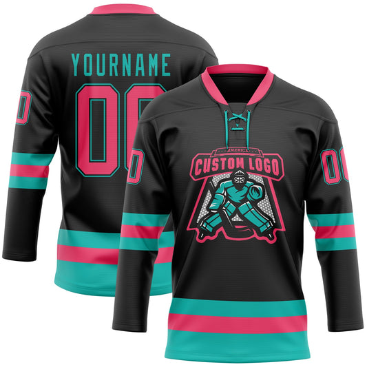 Custom Black Neon Pink-Aqua Hockey Lace Neck Jersey - Sky-Custom