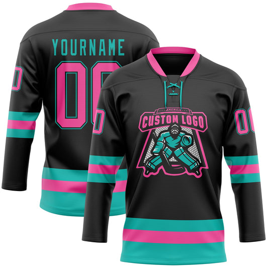 Custom Black Pink-Aqua Hockey Lace Neck Jersey - Sky-Custom