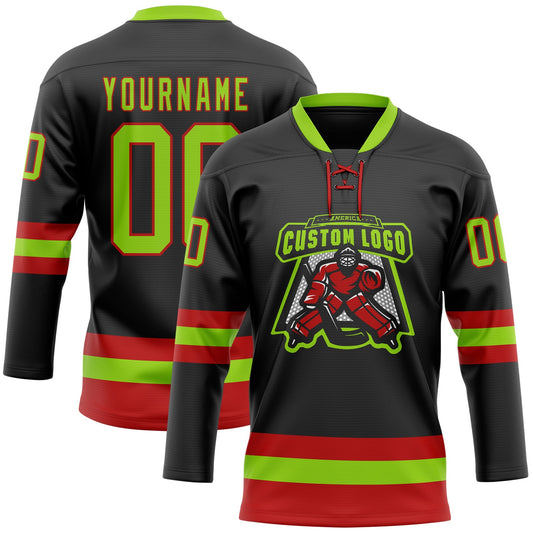 Custom Black Neon Green-Red Hockey Lace Neck Jersey - Sky-Custom
