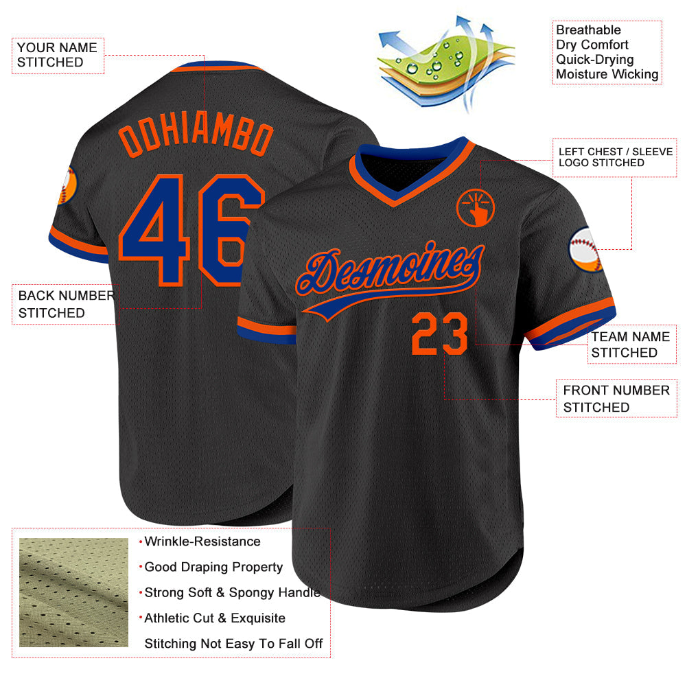 Custom Black Royal-Orange Authentic Throwback Baseball Jersey - Sky-Custom